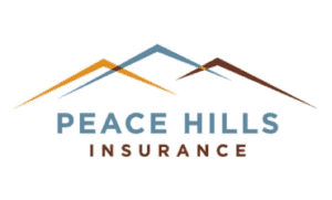 Logo of peace hills insurance featuring stylized mountain peaks and the company name.