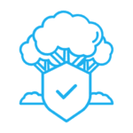 icon A simplistic line drawing of a shield with a check mark in the center, flanked by stylized clouds above, representing security or protection in the digital or cloud computing realm. Commercial environmental insurance icon