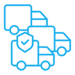 icon Blue line art of a secured delivery truck convoy. Commercial fleet insurance icon