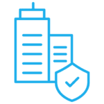 icon Two stylized buildings with a shield icon, possibly representing insurance or security for real estate. Commercial general liability insurance icon