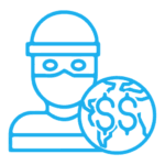 icon Icon representing a person in a mask and goggles with a globe featuring a dollar sign, possibly indicating financial focus on global health or biosecurity. Commercial kidnap insurance icon