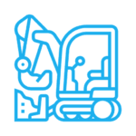 A line drawing of an excavator construction vehicle. icon