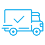 icon A blue line drawing of a delivery truck with a checkmark on its side. Commercial vehicle insurance icon