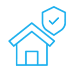 icon Outlined house icon with a protective shield. Personal insurance home insurance icon