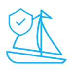 icon Neon blue outline of a sailboat with a checkmark on a shield, symbolizing secure or verified boat insurance. Personal insurance sail boat insurance icon